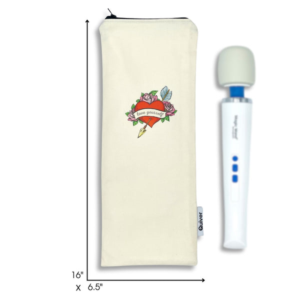 Discreet storage case for handheld wellness devices, lined in white cotton, what fits size guide.