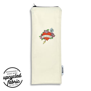 Wand pouch with vintage flaming heart tattoo print on sueded off-white cotton.