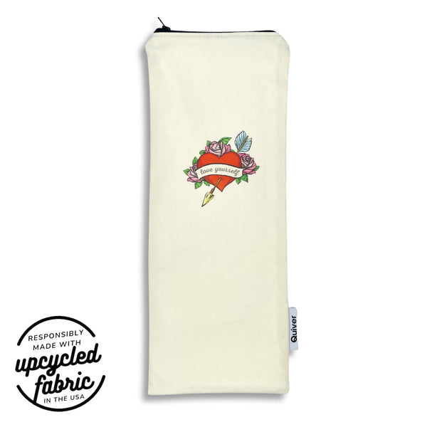 Wand pouch with vintage flaming heart tattoo print on sueded off-white cotton.