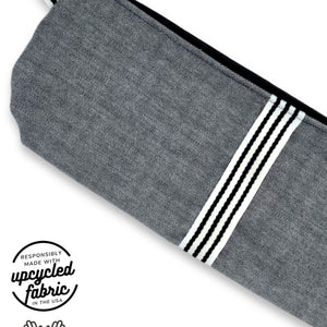 fabric detail of adult toy pouch dark gray denim with black and white ribbon accent , made in USA by  Quiver.Love