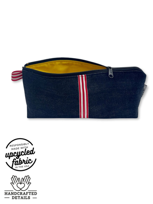 yellow cotton lining detail of Quiver.love vibrator, adult toy storage bag in midnight denim