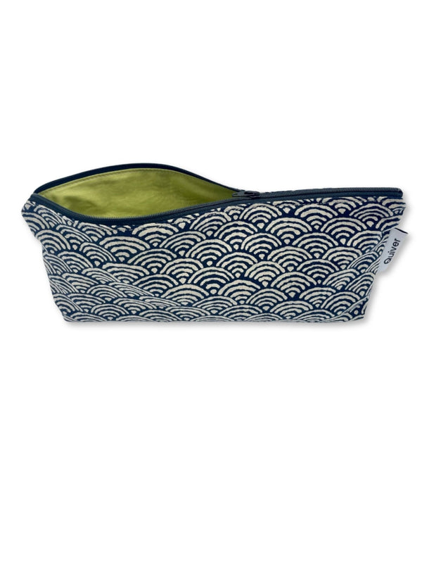 green cotton lining detail of vibrator, sex toy storage bag in Japanese wave fabric by Quiver.love