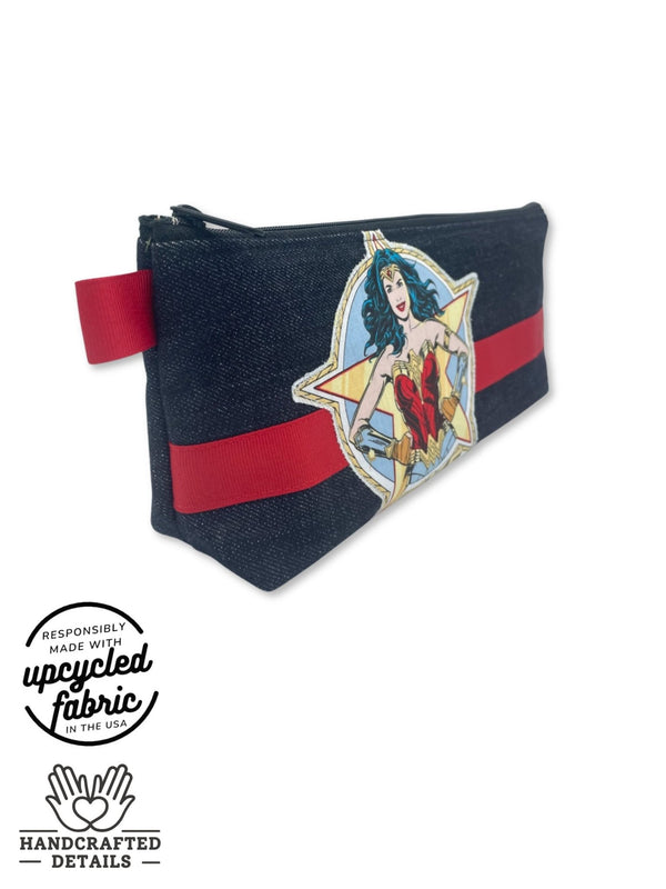 vibrator storage, travel bag in denim with wonder woman patch, made in the USA by Quiver.Love