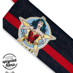 detail of sex toy bag in denim with wonder woman save the day patch, made in USA by Quiver.Love