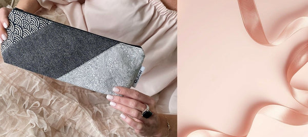 Women holding Quiver.love personal massager storage pouch in japanese  Wabi Sabi style for gift giving