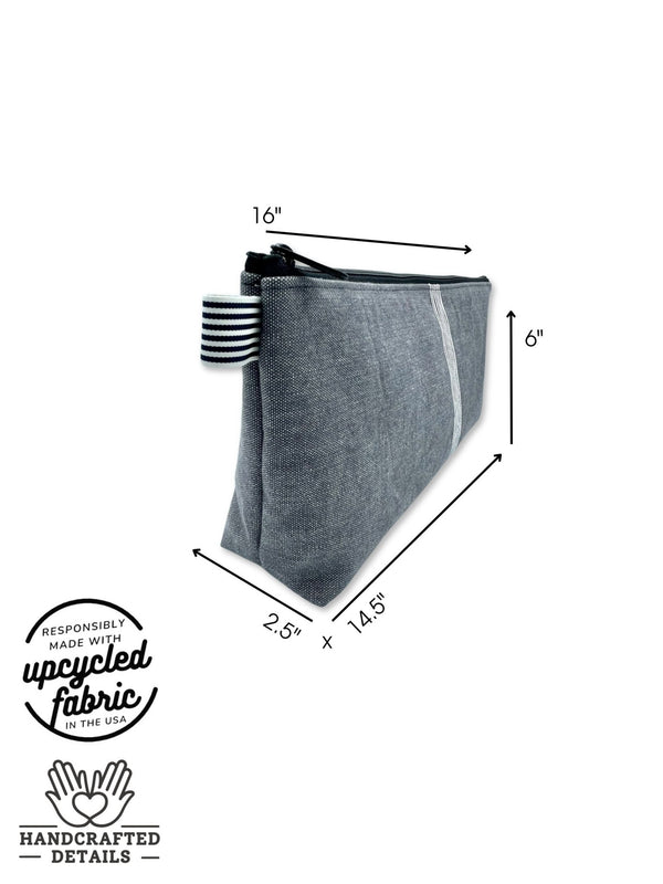measurement detail of extra large zipper bag for vibrator or adult toy in dark gray denim fabric by Quiver.Love