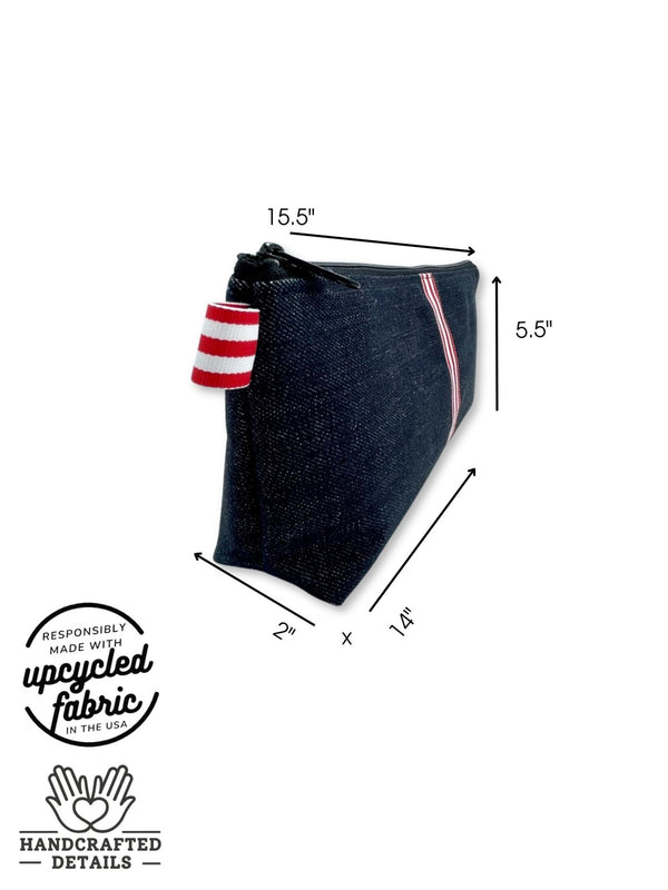 Measurement detail of extra large zipper bag for vibrator or adult toy in dark denim fabric by Quiver.Love