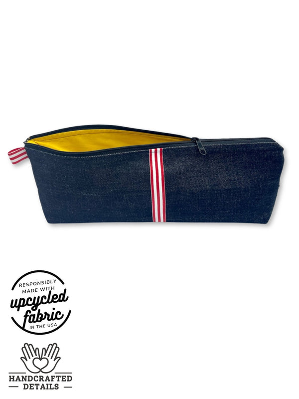 yellow cotton lining detail of adult toy, sex toy storage bag in midnight denim fabric by Quiver.love