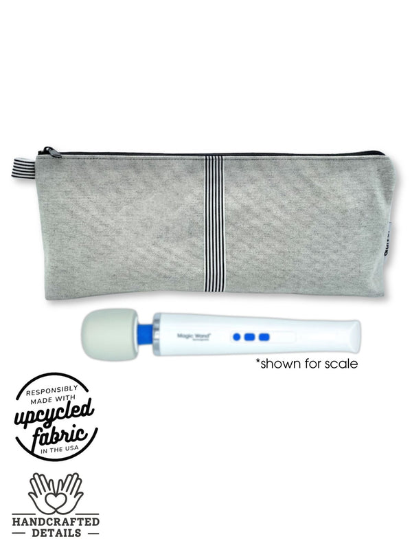 wand massager, sex toy storage, travel bag in light gray denim, shown with hitachi magic wand