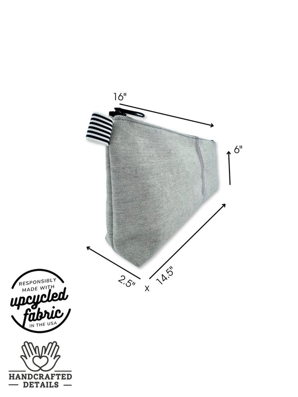 measurement detail of extra large zipper bag for vibrator or adult toy in pale gray denim fabric by Quiver.Love
