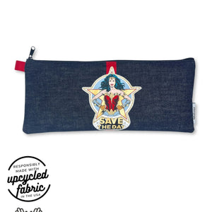 Adult toy storage bag for wand massager, hitachi magic wand in denim with wonder woman patch by Quiver.Love